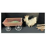 Wooden Toy Wagons & Stuffed Chicken.