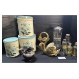 Barbicide Jar, Graduated Floral Tins, Early Oils.