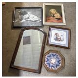 2 Framed Prints, 1 Folk Art Cross Stitch Piece.