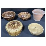Glazed Redware Bowls, Bunt Pan, & Flower Pot.
