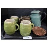 Ceramic Mugs, Sugar Pot, Teapot, Redware Dish.