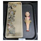 Celluloid Doll & Rhinestone Buttons & Beads.