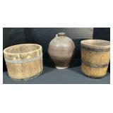 Redware Jug, Wooden Buckets.