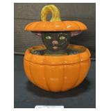 Halloween Black Cat In Pumpkin Cookie Jar.