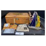 Carolee Figurines, Wooden Box, Thermometer.