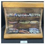 12 Pocket Knives W/ Wooden Display Case.