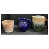 Redware Pottery Planter, Majolica Style Pitcher.