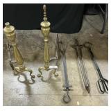 Brass Andirons & Fireplace Tongs.