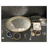 Costume Jewelry, Bracelets, Glasses, Vanity Tray.