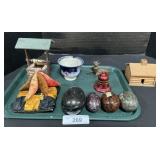 Stone & Enamel Eggs, Pin Cushions, Flow Blue Cup.