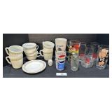 Pyrex Mugs, Character Glasses, Pepsi & 7UP Cups.