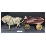 Antique Wooden Horse Drawn Metal Cart Toy.