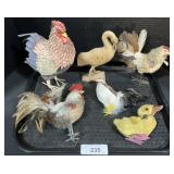 Chicken Figurines, Windup Duck, Carved Heron.