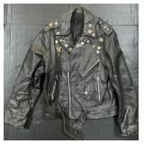 Black Leather Biker Jacket With Pins.