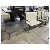 Outdoor Loveseat, Table, & 2 Rocking Chairs.