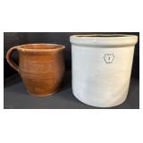 Keystone #2 Stoneware Crock, Redware Pitcher.