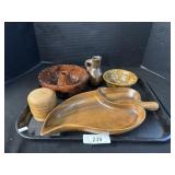Redware Bundt Pan, Wooden Leaf Dish.
