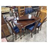 Dark Walnut Dining Table & Upholstered Chairs.