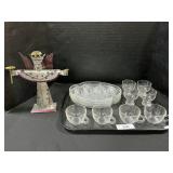 Candle Holder Angel, Glass Trays & Teacups.