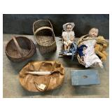 Vintage Dolls, Buttocks Basket, Painted Stool.