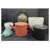 Planters, Resin Tea Pots, Hand Made Glass Turtle.