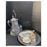 Silver Plated Pitcher & Cup, Serving Trays.