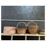 4 Woven Wicker Baskets & Sewing Box.