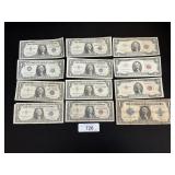 12 1923-1963 U.S 1 & 2 Dollar Bills.