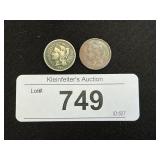 2 U.S Three Cent Nickel Coins.