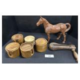 Cast Iron Horse Figure, Wooden Coasters.