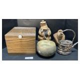 Carved Coconut Figures, Wooden Box, Metal Tea Pot.