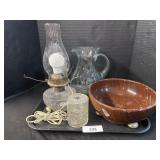 Early Glass Pitcher, Pottery Bowl, Lamp.