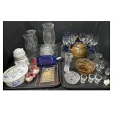 Crystal Vase, Blue Glass Trinket Dishes.