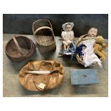 Vintage Dolls, Buttocks Basket, Painted Stool.