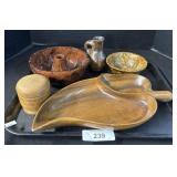Redware Bundt Pan, Wooden Leaf Dish.