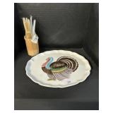 Large Ceramic Turkey Platter, Woven Basket.