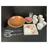 Wooden Bowl, Porcelain Dishes.