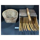 Primitive Wooden Scoop, Woven Basket.