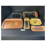 6 Vintage Toleware Hand Painted Trays
