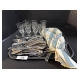 Stainless Steel Flatware, Small Glasses.