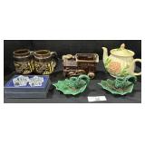 Holly Candle Holders, Train Planter, Glass Mugs.