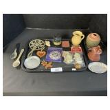 Redware Ornaments, Pottery Vases, Horn Spoons.