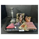 Metal Bookends, Silver Plate Candle Stick, Basket.