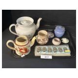 Gaudy Dutch Teapot, Sterling Silver Shaker Set.