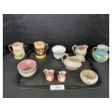 Majolica Pitchers, Bowls, Gravy Boat.