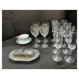 Crystal Flutes, WM Rogers & Son Butter Dish.