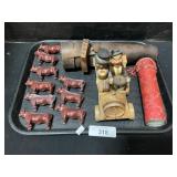 Carved Wood Car, Plastic Animals, Leather Case.