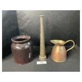Stoneware Crock, Copper Pitcher, Hose Nozzle.