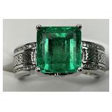 14KT White Gold Emerald & Diamond Accent Ring.