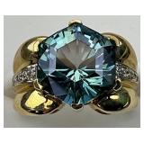 14KT Gold Large Cut Zircon & Diamond Accent Ring.
